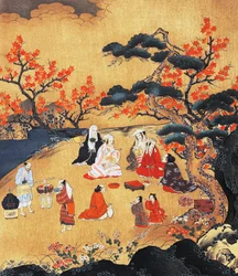 Donne che guardano gli aceri a Takao, paravento, Periodo Azuchi-Momoyama (1568-1600), Giappone XVI secolo, (dettaglio)