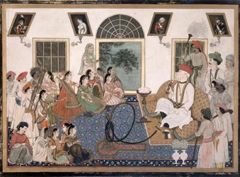 Un Europeo, probabilmente Sir David Ochterlony (1758-1825), in abiti indiani, che fuma un hookah e guarda una nautch nella sua casa a Delhi, c.1820