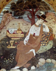 Una principessa persiana sotto il regno di Abbas I, a riposo XVII secolo. Affresco dal Palazzo delle 40 Colonne (Chehel Sotoun) a Isfahan, Iran