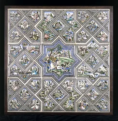 Un pannello di piastrelle di ceramica, raffigurante Bahram Gur a caccia e altre figure in varie scene (fine XIX secolo)