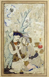 Arte islamica: Ritratto di Shah Abbas I che abbraccia uno dei suoi paggi. Disegno persiano del 1672. Dim: 0,16 x 0,27m. Parigi, Museo del Louvre