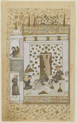 Bahram Gur e la principessa nel padiglione bianco, da un Khamsa, c.1600-10