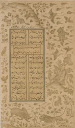 Toro, leone, coniglio, uccelli e volpe, foglio da Yusuf-u-Zulaikha di Jami, Qazvin, dinastia Safavide, 1557