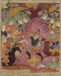 Combattimento tra Bahrama e Tazaw, illustrazione dallo Shahnama (Libro dei Re) di Abul-Qasim Manur Firdawsi (c.934-c.1020) 1619