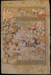 Folio da un Rawzat al-safa (Giardino della felicità) di Mirkhwand (m. 1498); recto: La battaglia contro i Bizantini per Aleppo, Shiraz, Iran, periodo Safavide, 1571-72