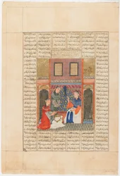 Foglio da uno Shahnama (Libro dei Re) di Firdawsi; Recto: Sandukht viene a conoscenza delle azioni di Rudaba, Tabriz, Iran, periodo Il-Khanid