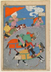 Foglio da uno Shahnama (Libro dei Re) di Firdawsi; recto: Battaglia tra Zanga e Awkhast; Gilan, Iran, periodo Turkoman, 1493-1494