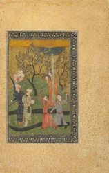Foglio da un testo non identificato; Un Principe e una Principessa Circondati da Cortigiani in un Giardino, Iran, periodo Turkoman, c.1480