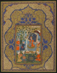 Folio da un testo non identificato; Un sovrano sul trono, possibilmente Khurasan, Iran, c.1590