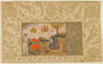 Foglio da un testo non identificato; Una Donna Conversa con un Uomo Seduto vicino a un Ruscello, Iran, c.1500
