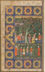 Folio da un testo non identificato; recto: Una festa in un giardino, Shiraz, Iran, c.1570