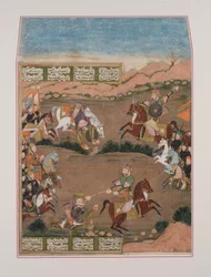 Kay-Khusrau spara a Qara Khan, dallo Shahnama (guazzo su carta, abbellimento in oro)