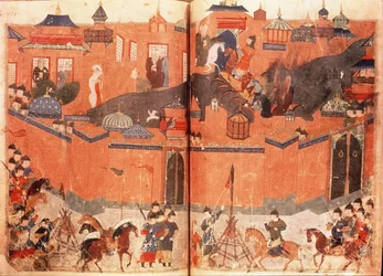 Ms.Sup.Pers.1113.f.180v-181 Mongoli sotto la guida di Hulagu Khan che assaltano e catturano Baghdad nel 1258, da un libro di Rashid al-Din
