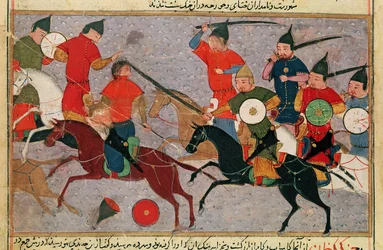 Ms Pers.113 f.49 Gengis Khan (c.1162-1227) in battaglia, da un libro di Rashid-al-Din (1247-1318) (guazzo)