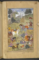 Il dio Agni che crea il fuoco per aiutare il suo suocero Raja Niladhvaja di Malwa mentre Arjuna spegne le fiamme con frecce magiche che producono sorgenti d
