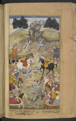 Battaglia tra Babhruvahana, figlio di Arjuna, e i serpenti nelle regioni inferiori. (Sangha) dal 