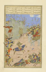 Rustam trascina il Khagan dal suo elefante, illustrazione dallo Shahnama (Libro dei Re), di Abul-Qasim Mansur Firdawsi (c.934-c.1020), 1444
