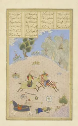 Gustaham, dopo aver ucciso Farshidvard, elimina Lahhak, illustrazione dallo Shahnama (Libro dei Re), di Abul-Qasim Mansur Firdawsi (c.934-c.1020), 1444