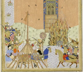 Dettaglio: La fortezza di Gang Dizh attaccata con mine, illustrazione dallo Shahnama (Libro dei Re), di Abul-Qasim Mansur Firdawsi (c.934-c.1020), 1444