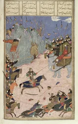 Rustam trascina il Khaqan dal suo elefante, illustrazione dallo Shahnama (Libro dei Re)