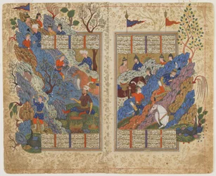 Rustam respinge la roccia rotolata su di lui da Bahman da uno Shahnama (Libro dei re), c.1590-1600