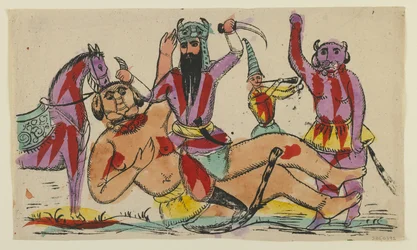 Rustam che uccide il Div, fine del XIX secolo (litografia colorata a mano)
