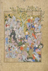Il Pir rifiuta le anatre portate come regali, foglio da un Haft awrang (Sette troni) di Jami (m. 1492) probabilmente Mashad, Khurasan, Iran, dinastia Safavide, 1556-1565
