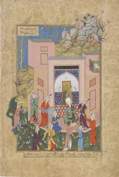 Yusuf predica alle ancelle di Zulaykha nel suo giardino, foglio da un Haft awrang (Sette troni) di Jami (m. 1492) probabilmente Mashad, Khurasan, Iran, dinastia Safavide, 1556-1565