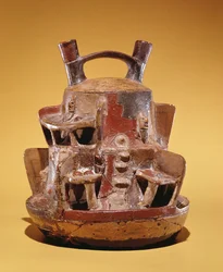 Vaso di ceramica che raffigura case annidate nelle Ande