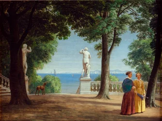 Vista verso Kullen da una terrazza giardino con statue