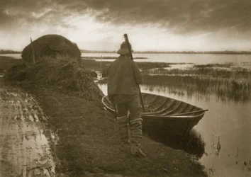 Uomo della palude in cammino per tagliare la Schoof-stuff, c.1886
