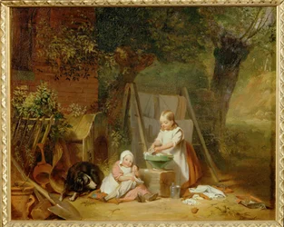 Die Puppenwaesche im Garten - Il bucato delle bambole in giardino ... (olio su tavola)