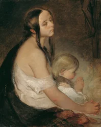 Madre con bambino sotto il crocifisso