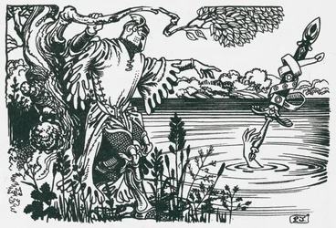 Piscina di Dozmare, vicino a Camelford, dove si suppone che Sir Bedivere abbia scagliato la spada Excalibur (litografia)