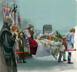 Re Edoardo, poi San Edoardo il Confessore, osserva la costruzione di Westminster da una lettiga dove giace malato