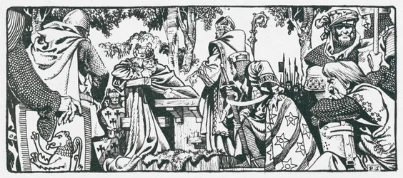 Re Giovanni firma la Magna Carta a Runneymede (litografia)
