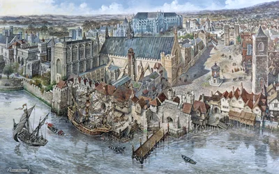 Vecchia Londra ricostruita: Il Palazzo di Westminster circa 1530