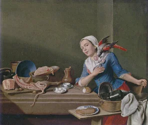 Natura morta in cucina con figura femminile e pappagallo (Il sentimento)
Titoli alternativi:

Il sentimento