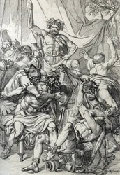 Eptarchia: rappresentazione del capo anglosassone Hengist che uccide i suoi nemici per fondare il regno del Kent, circa 461 (disegno a penna)