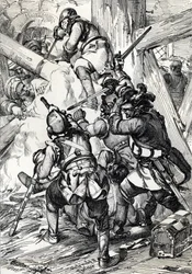 Re Carlo XII di Svezia difende contro i turchi a Bender, febbraio 1713, disegno a penna