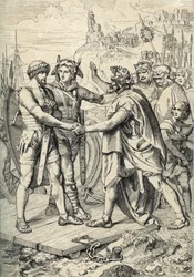 Sbarco di Hengest e Horsa, figure della leggenda anglosassone, che registra i due come i fratelli germanici che guidarono gli eserciti di Angli, Sassoni e Juti che conquistarono i primi territori della Britannia nel V secolo