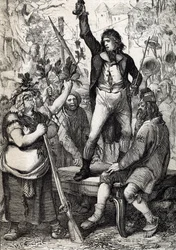 Scoppio della Rivoluzione francese nel 1789: la popolazione riunita è esortata a scegliere il colore di una coccarda e a prendere le armi