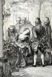 La regina Carolina Matilde di Danimarca (1751-1775), costretta a firmare i documenti del divorzio dopo la sua relazione extraconiugale nel 1772. Disegno a penna