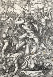 Rappresentazione di Pelagio il conquistatore, re delle Asturie trionfante contro i Saraceni, 719, Covadonga, Spagna