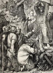 Rappresentazione di San Bonifacio di Magonza che abbatte la quercia di Thor per convincere i druidi che non è un albero sacro
