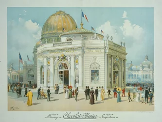 Padiglione del cioccolato-Menier, Esposizione Colombiana Mondiale, Chicago, Illinois, vista prospettica