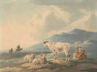 Paesaggio Montano con Mucche e Capre in Primo Piano e Figure a Sinistra