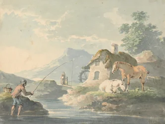 Scena rustica: uomo che pesca, a sinistra; cottage con mulino ad acqua e cavalli a destra