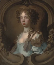 Ritratto di Lady Frances Norcliffe (1654-1731), a busto nudo, in abito blu chiaro con fermaglio di perle, in un cartiglio scolpito (olio su tela)