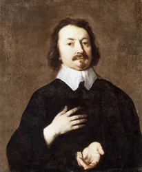 Ritratto di gentiluomo a mezza figura, in nero con colletto bianco